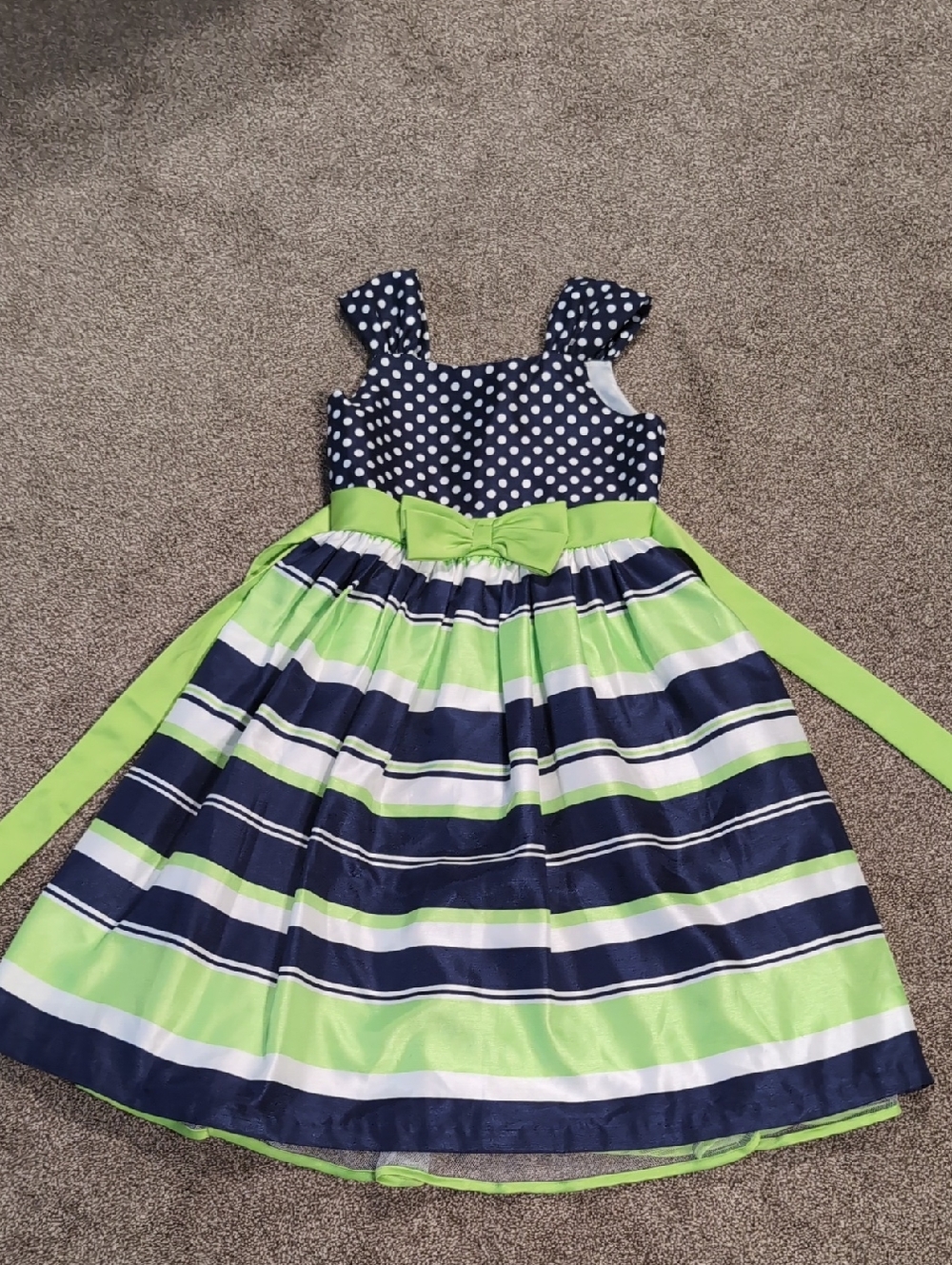 Girls Navy Polka Dot & Lime Stripe Party Dress with Bow